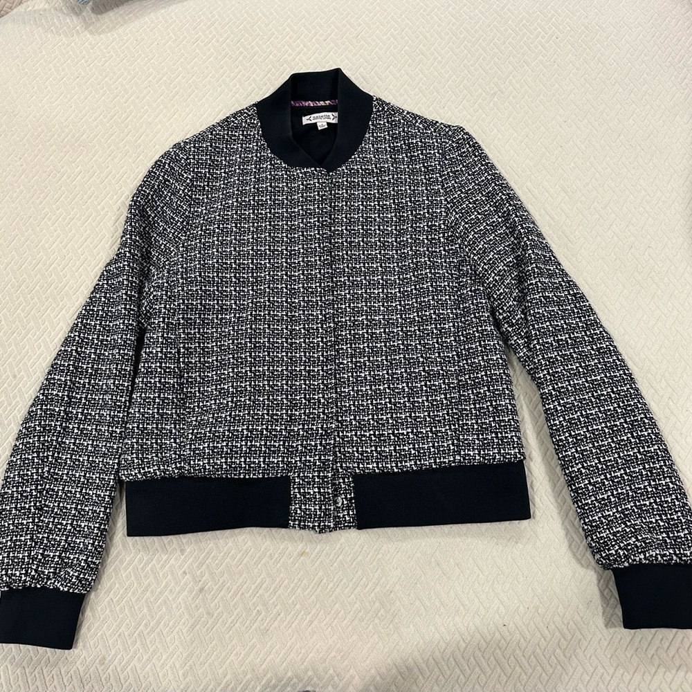 Nanette Lepore speckled tweed bomber jacket with contrast trim sz 4